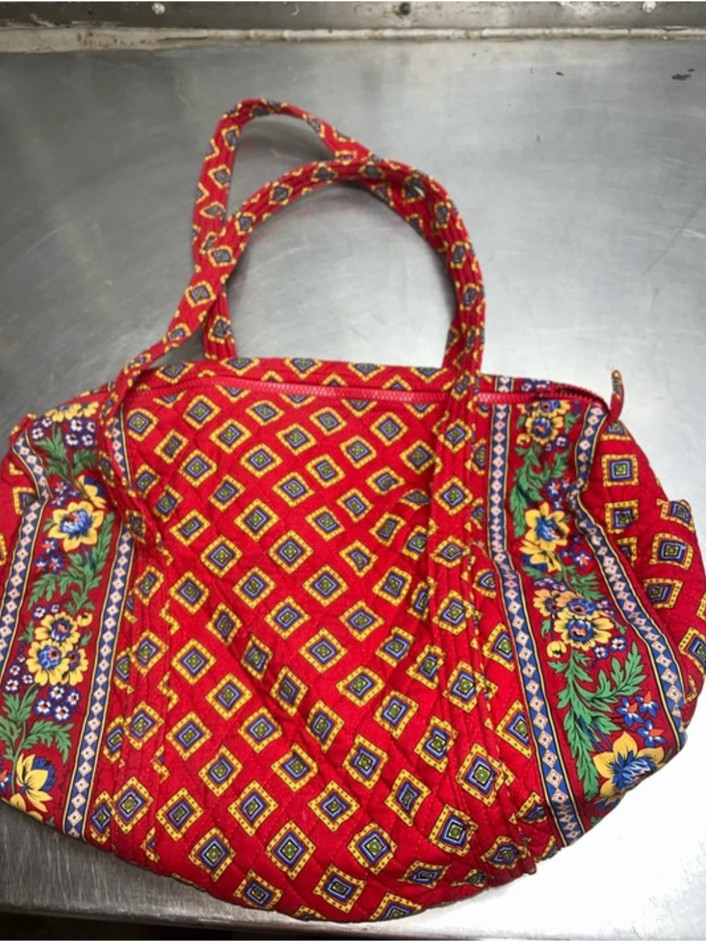 Vera Bradley Red Quilted Tote with Floral Stripe Accents